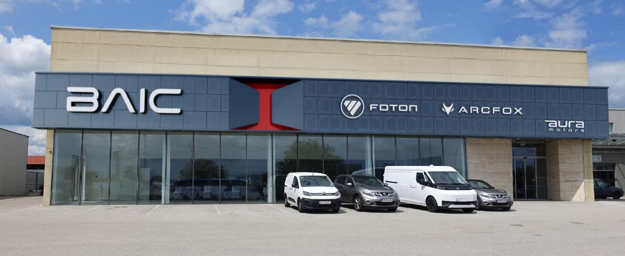 The Aura Motors showroom in Austria, carrying BAIC, FOTON and ARCFOX signage